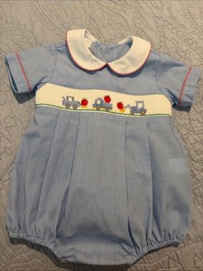 Edgehill Collection Light Blue Smocked Tractor Apple One-Piece